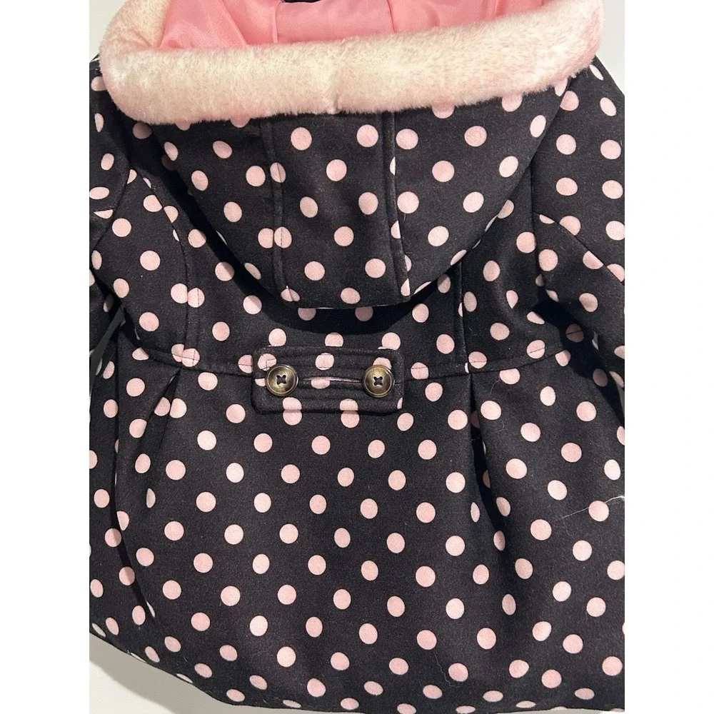 OshKosh 4T GIRLS‎ Brown Pink Pea Coat Polka Dot Winter Jacket Hood Faux Fur